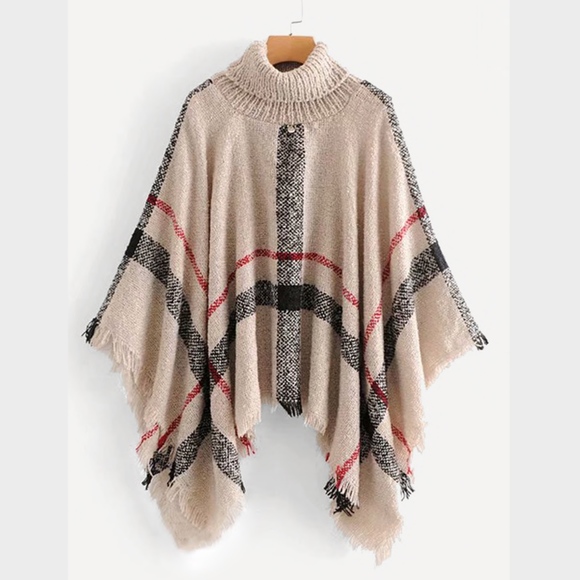 Plaid Beige Turtleneck Poncho - Picture 5 of 8